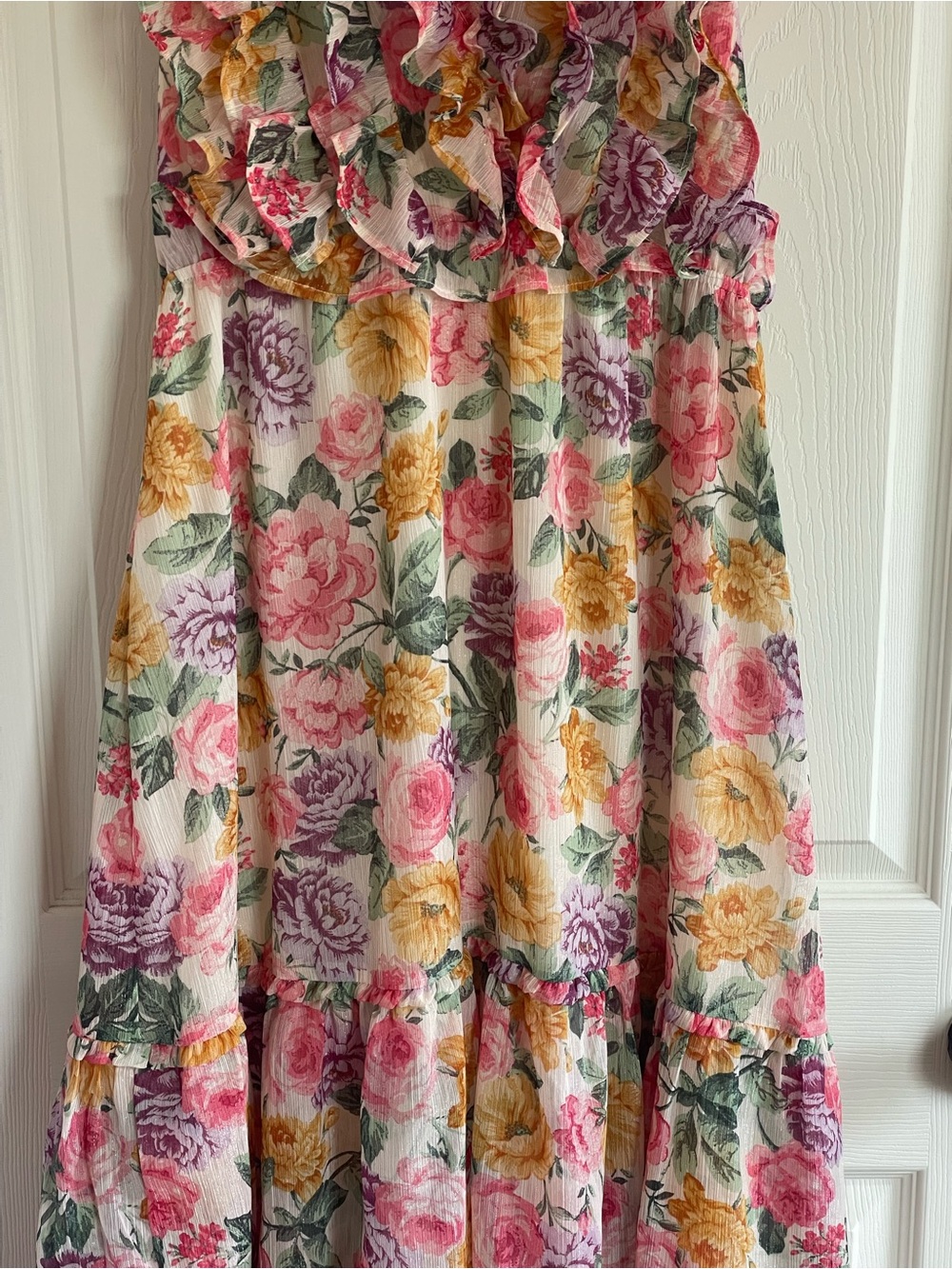 Storia Floral Tiered Ruffle Maxi Dress Pink Yellow Cottagecore Garden Wedding - Picture 3 of 9
